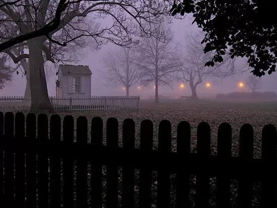 Ticket booth in evening fog