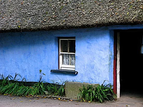 Blue stucco building with thatched roof