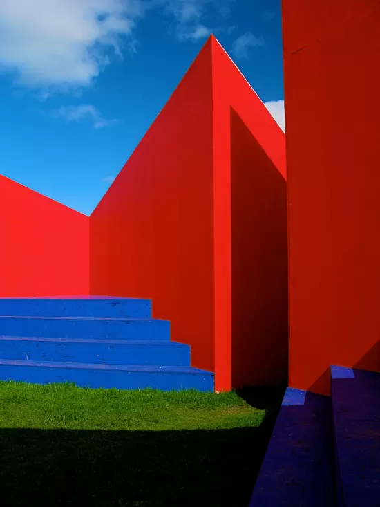 Red geometric building